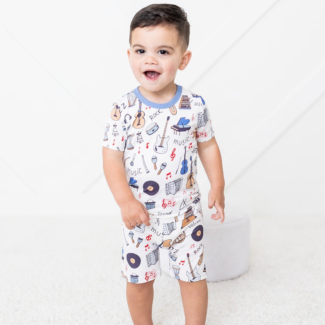 Two-piece short-sleeve and shorts pajama set with a playful boogie print