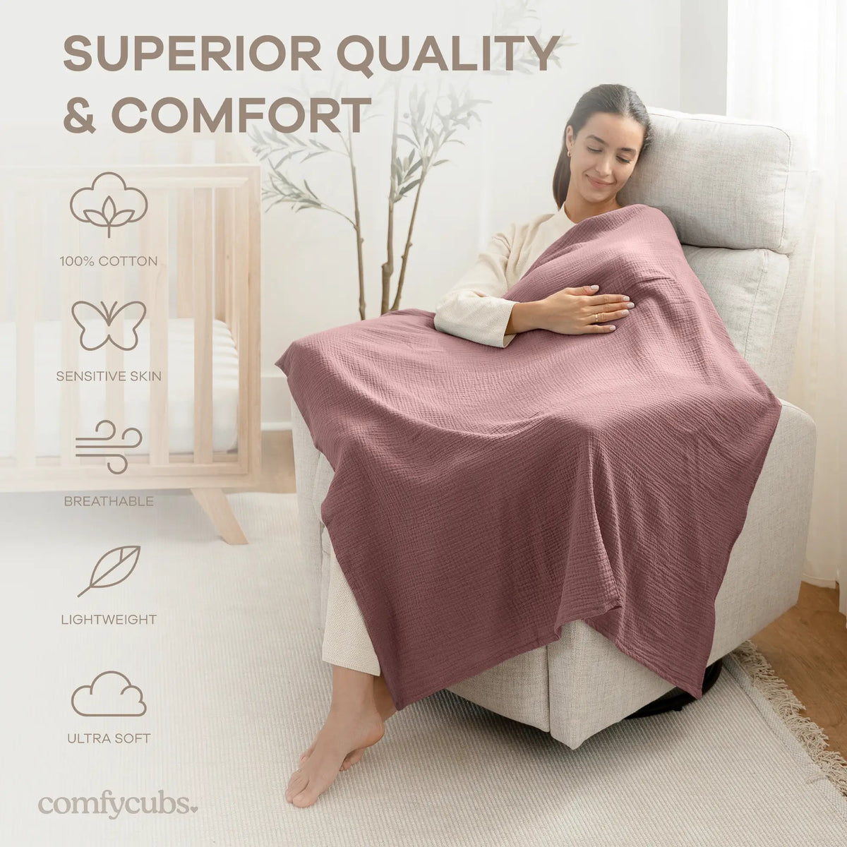 Comfy Cubs Muslin Swaddle Blankets, 42” x 42” in Cream, Blush, Mauve, Pack of 3 - 