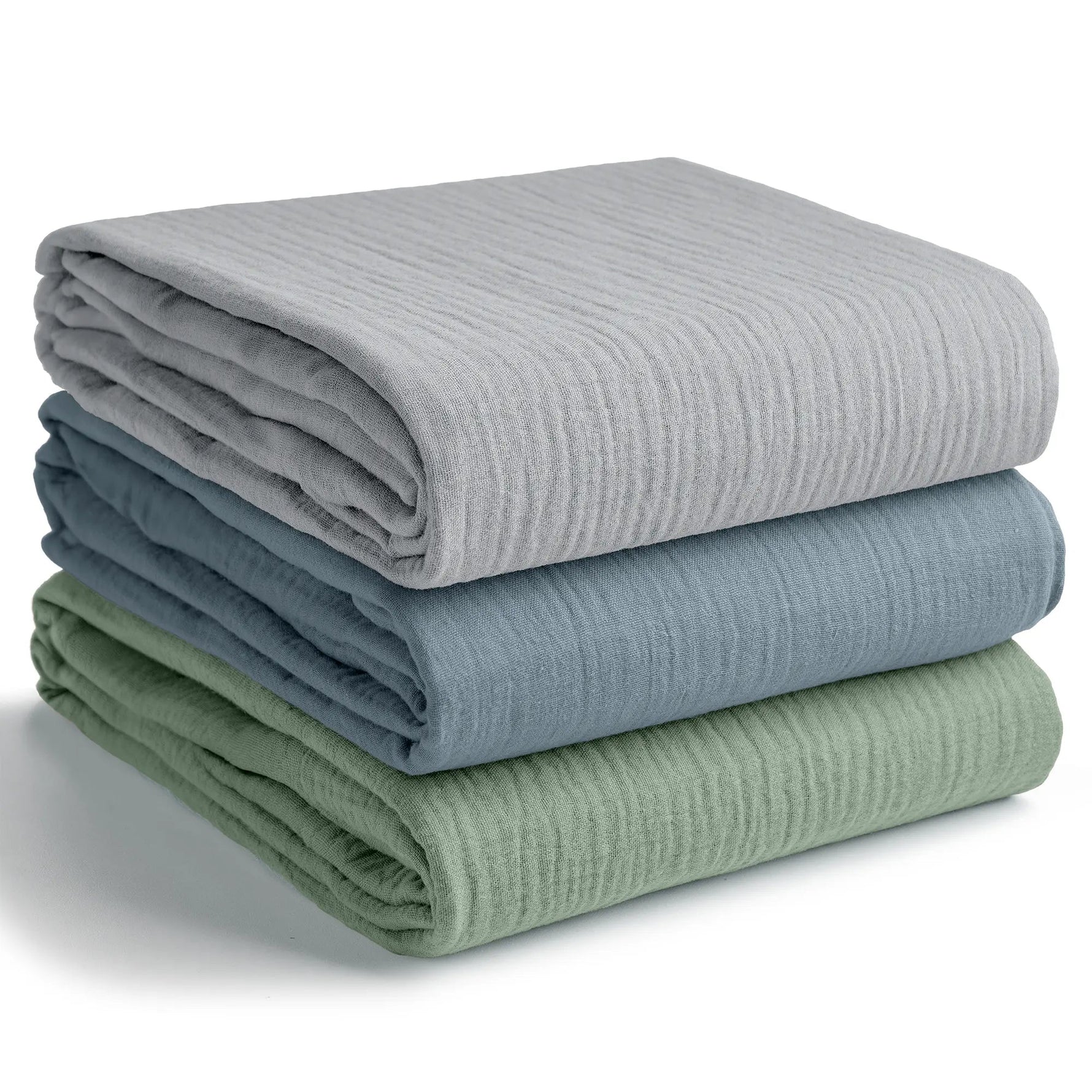 Comfy Cubs Muslin Swaddle Blankets, 42” x 42” in Heather Blue, Pacific Blue, Fern, Pack of 3 - 