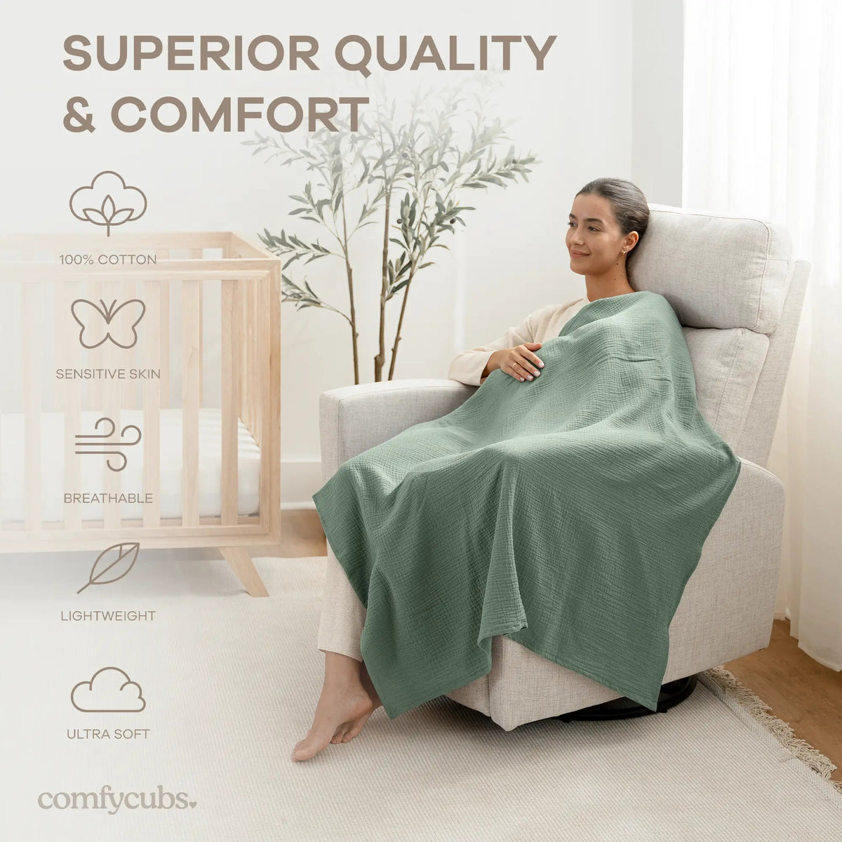 Comfy Cubs Muslin Swaddle Blankets, 42” x 42” in Neptune, Pacific Blue, Fern, Pack of 3 - 