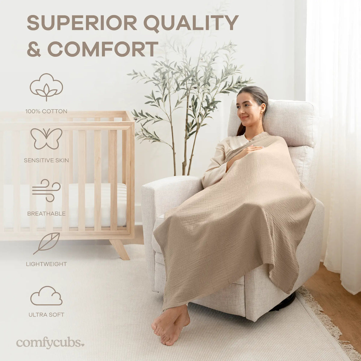 Comfy Cubs Muslin Swaddle Blankets, 42” x 42” in Sand, Cedar, Caramel, Pack of 3 - 