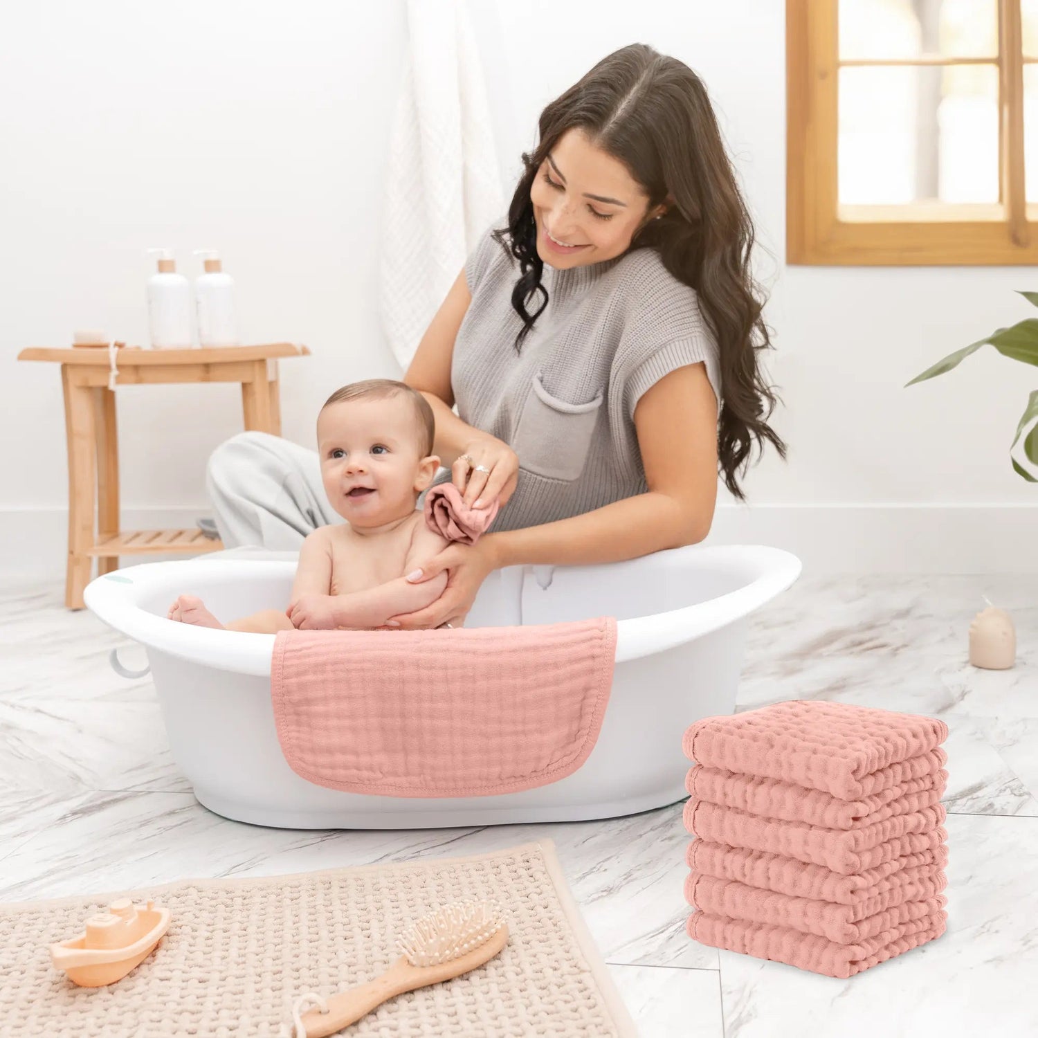 Comfy Cubs Muslin Washcloths in Bold Blush - 