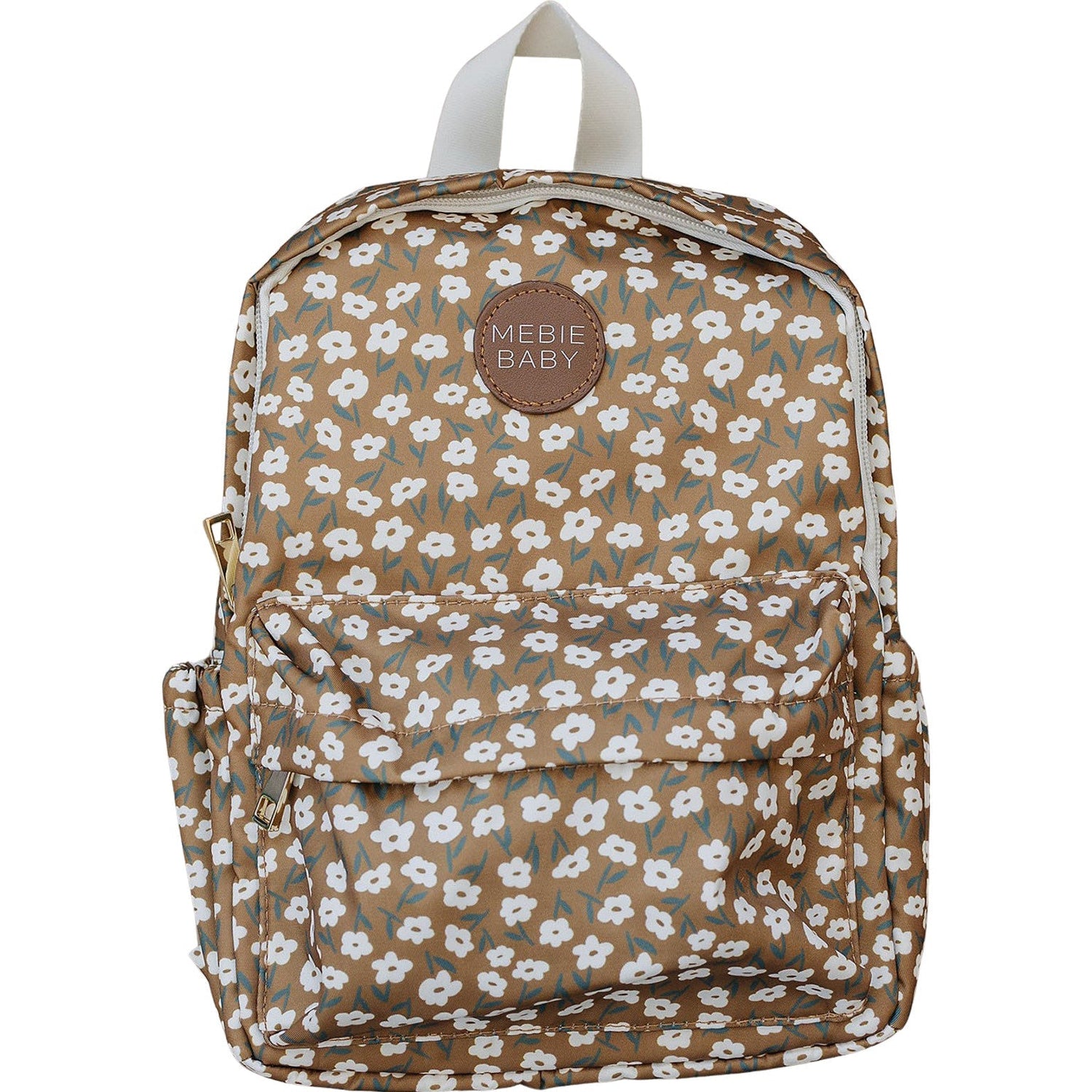 Mini backpack in a mustard yellow floral print with front pocket and adjustable straps.