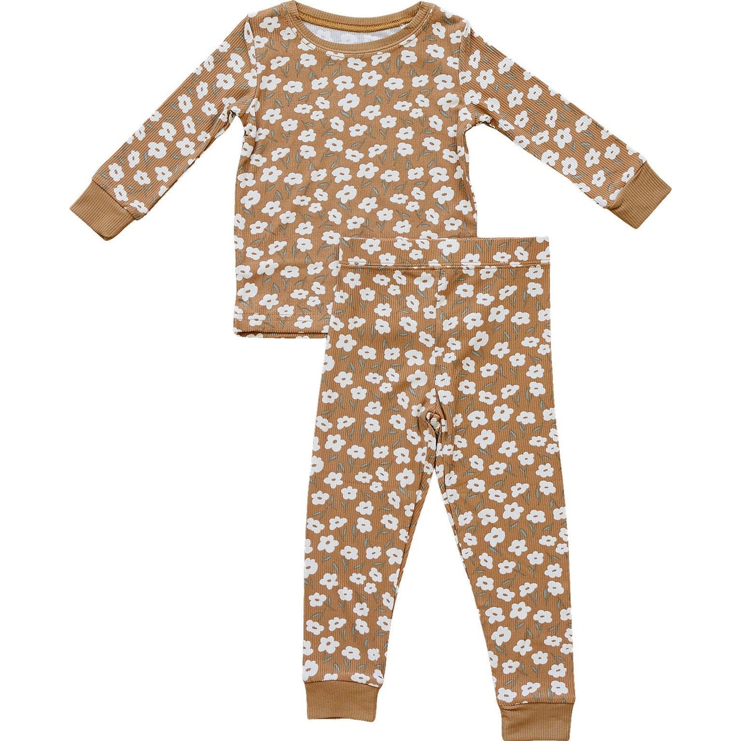 Two-piece baby cozy set with ribbed top and pants in a mustard yellow floral print.