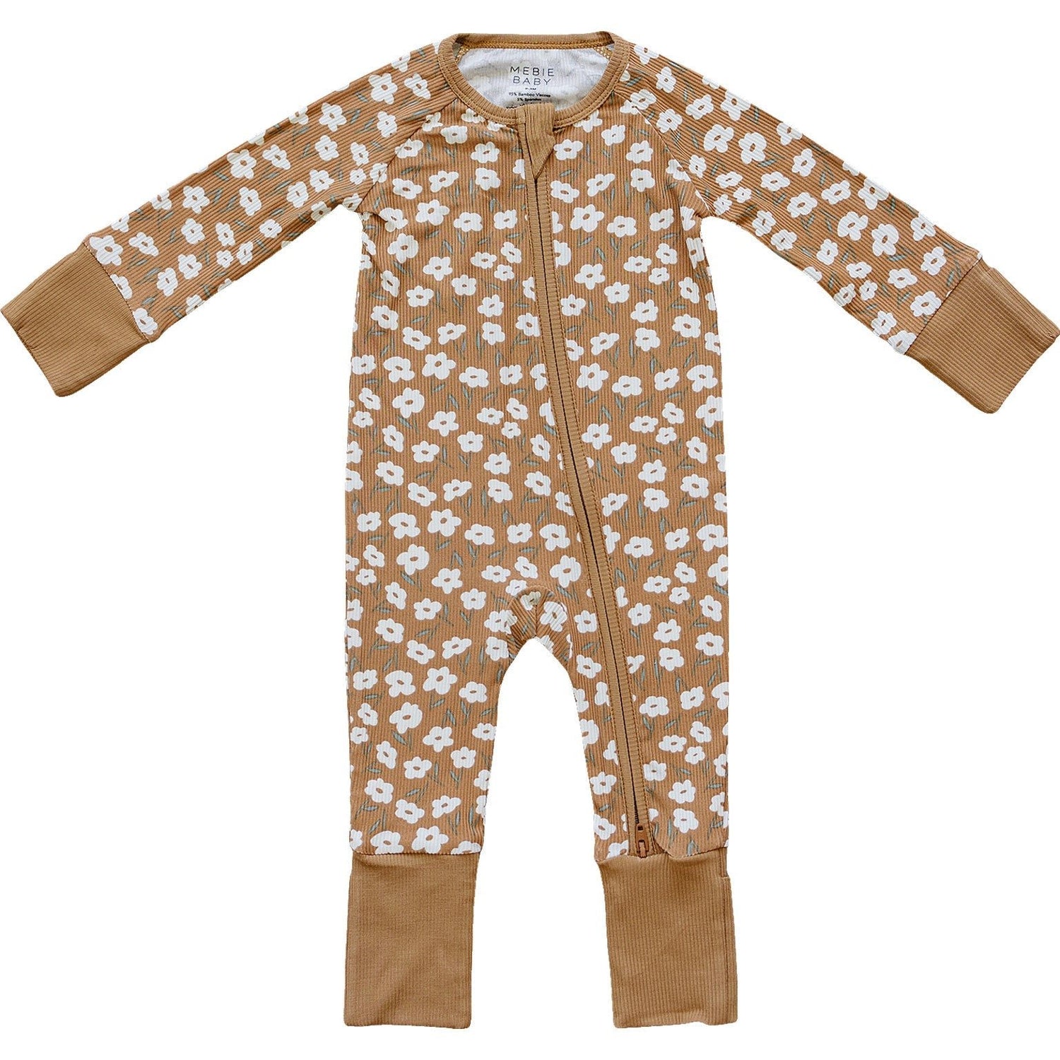 Mebie Baby Mustard Floral Ribbed Bamboo Zipper Pajamas for Babies - 