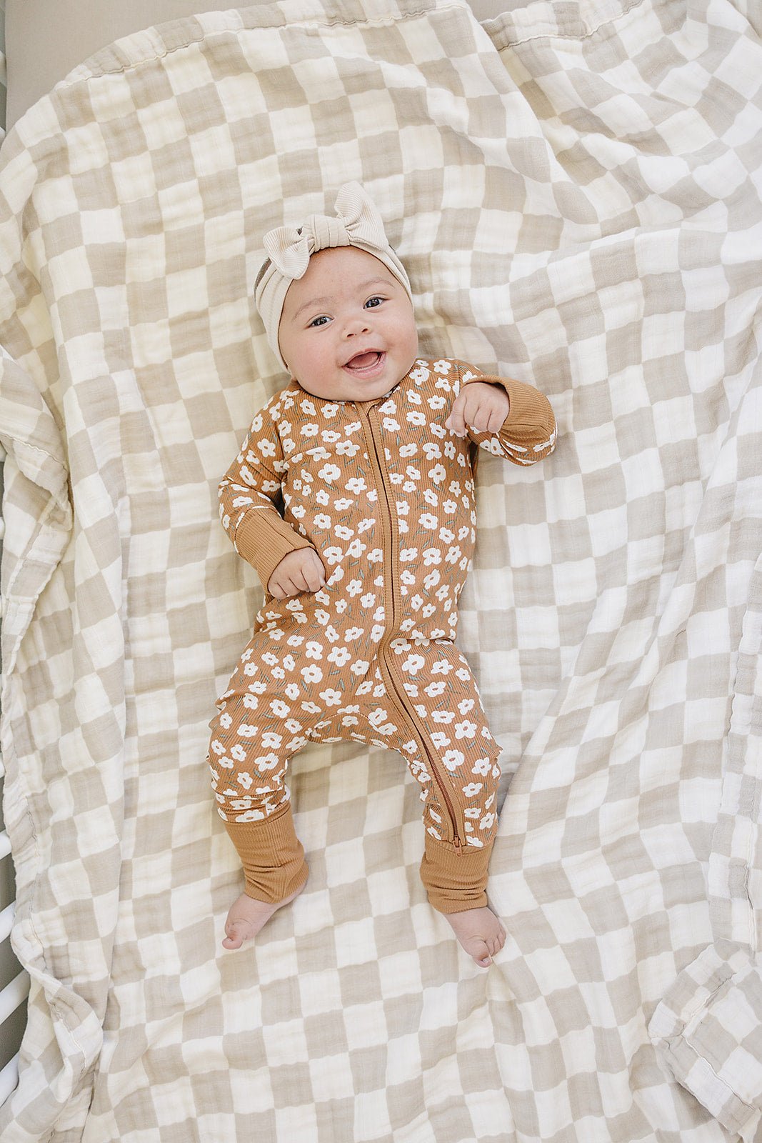 Mebie Baby Mustard Floral Ribbed Bamboo Zipper Pajamas for Babies - 