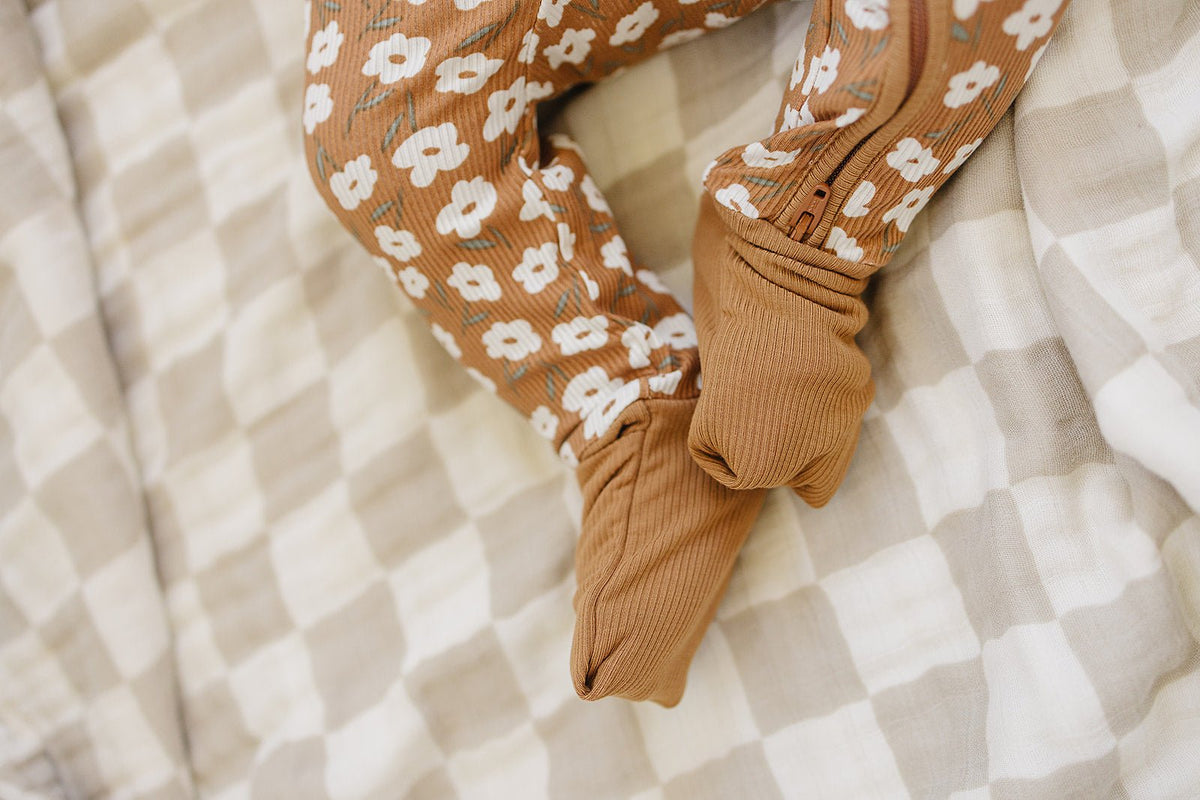 Mebie Baby Mustard Floral Ribbed Bamboo Zipper Pajamas for Babies - 