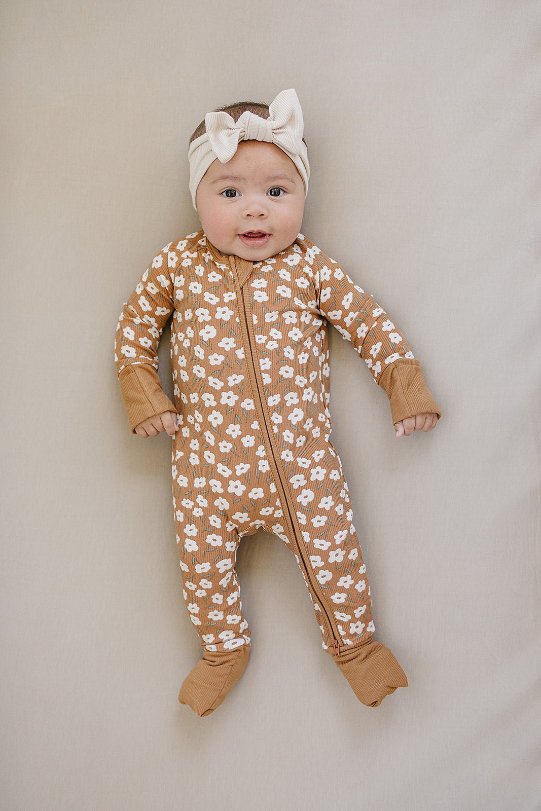 Mebie Baby Mustard Floral Ribbed Bamboo Zipper Pajamas for Babies - 