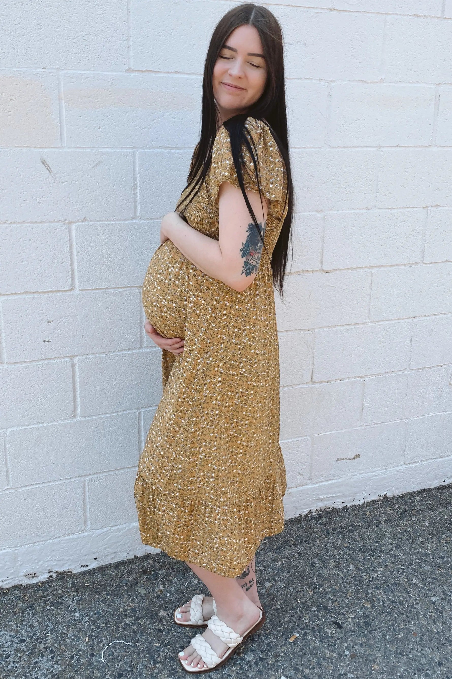 PinkBlush Mustard Floral Smocked Maternity Maxi Dress - 