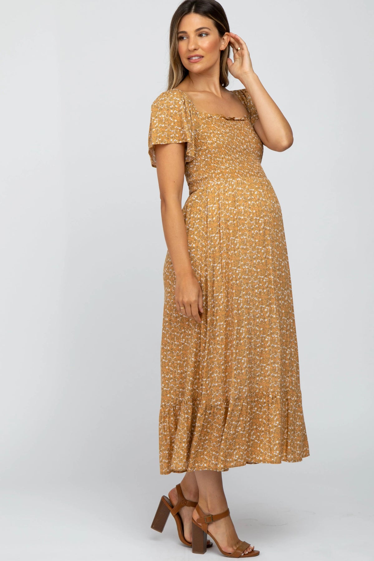 PinkBlush Mustard Floral Smocked Maternity Maxi Dress - 