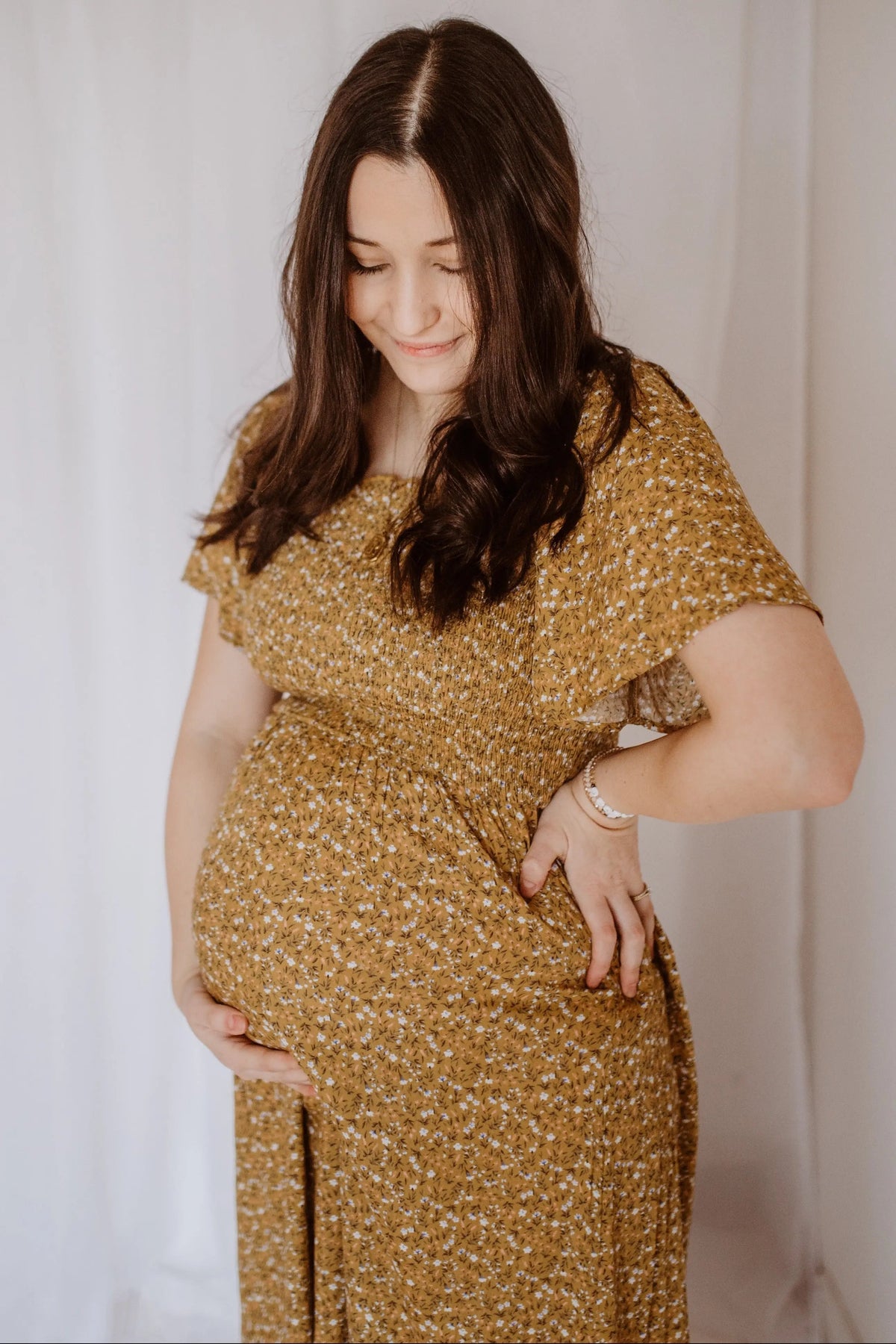 PinkBlush Mustard Floral Smocked Maternity Maxi Dress - 