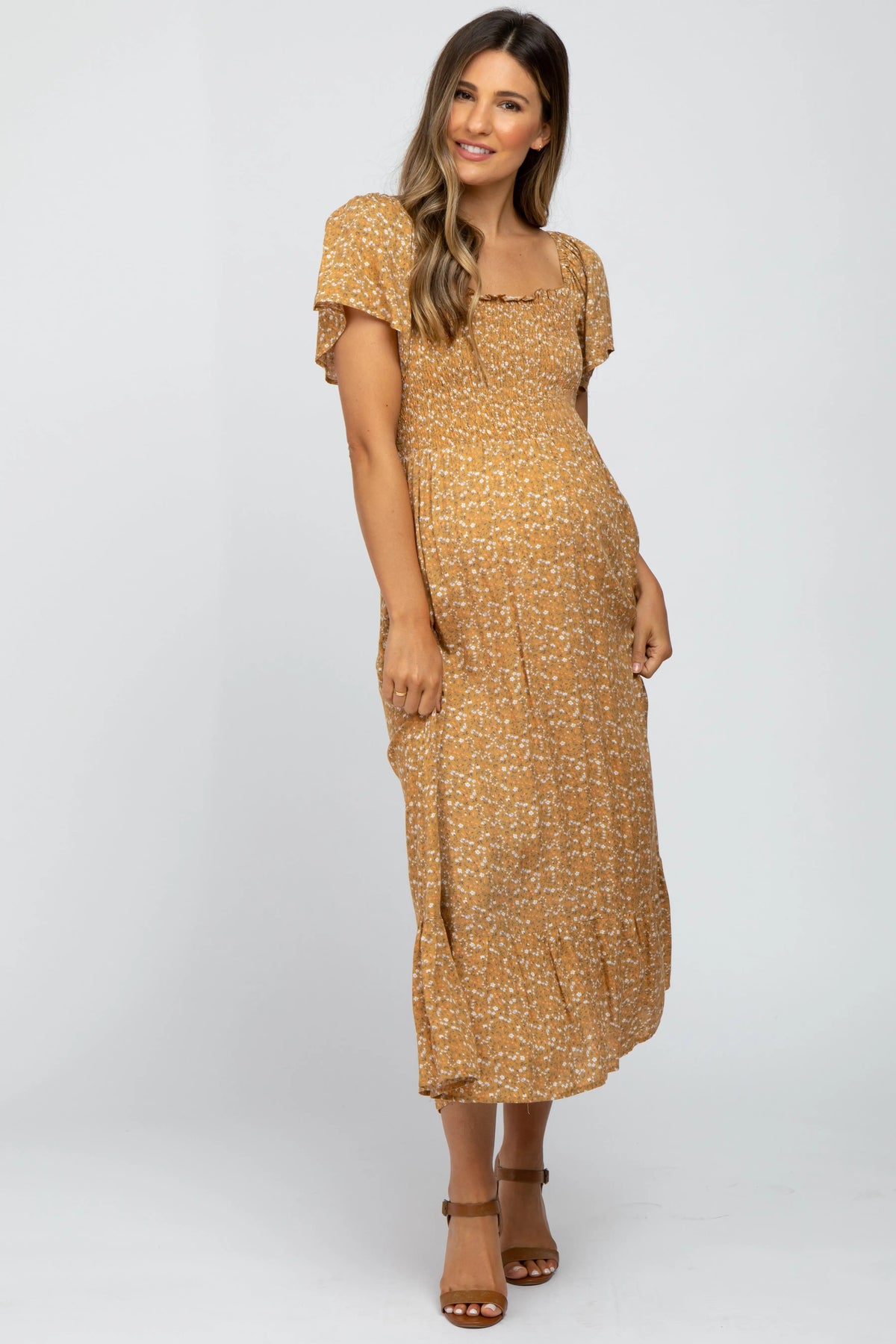 PinkBlush Mustard Floral Smocked Maternity Maxi Dress - 