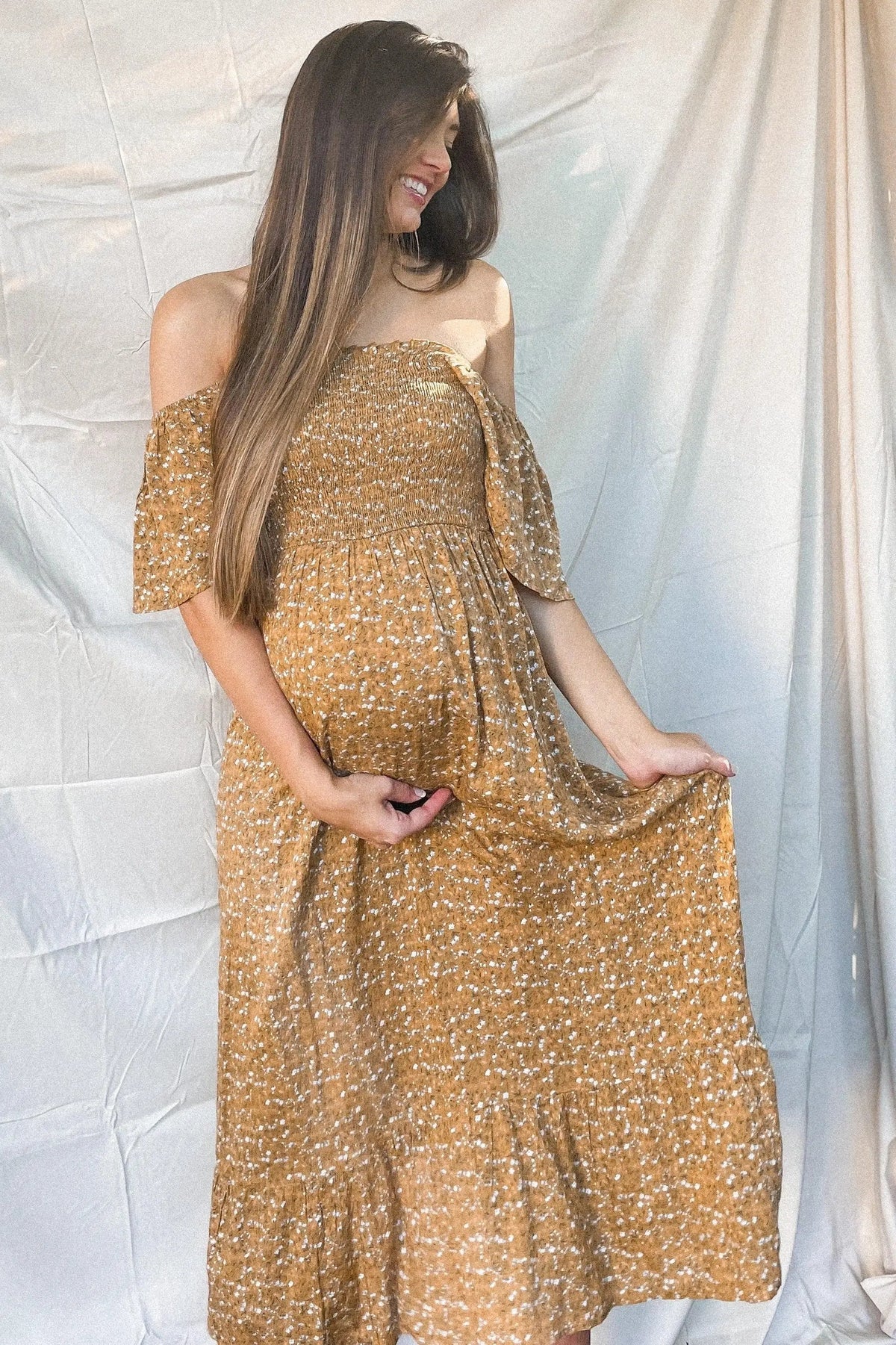 PinkBlush Mustard Floral Smocked Maternity Maxi Dress - 
