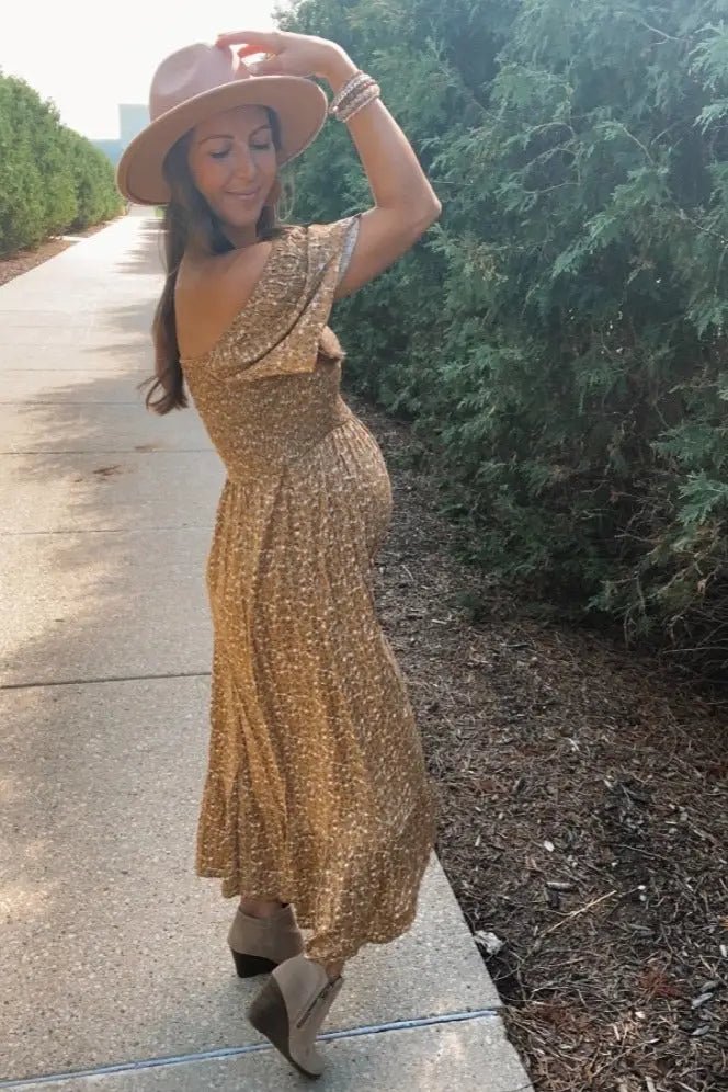PinkBlush Mustard Floral Smocked Maternity Maxi Dress - 