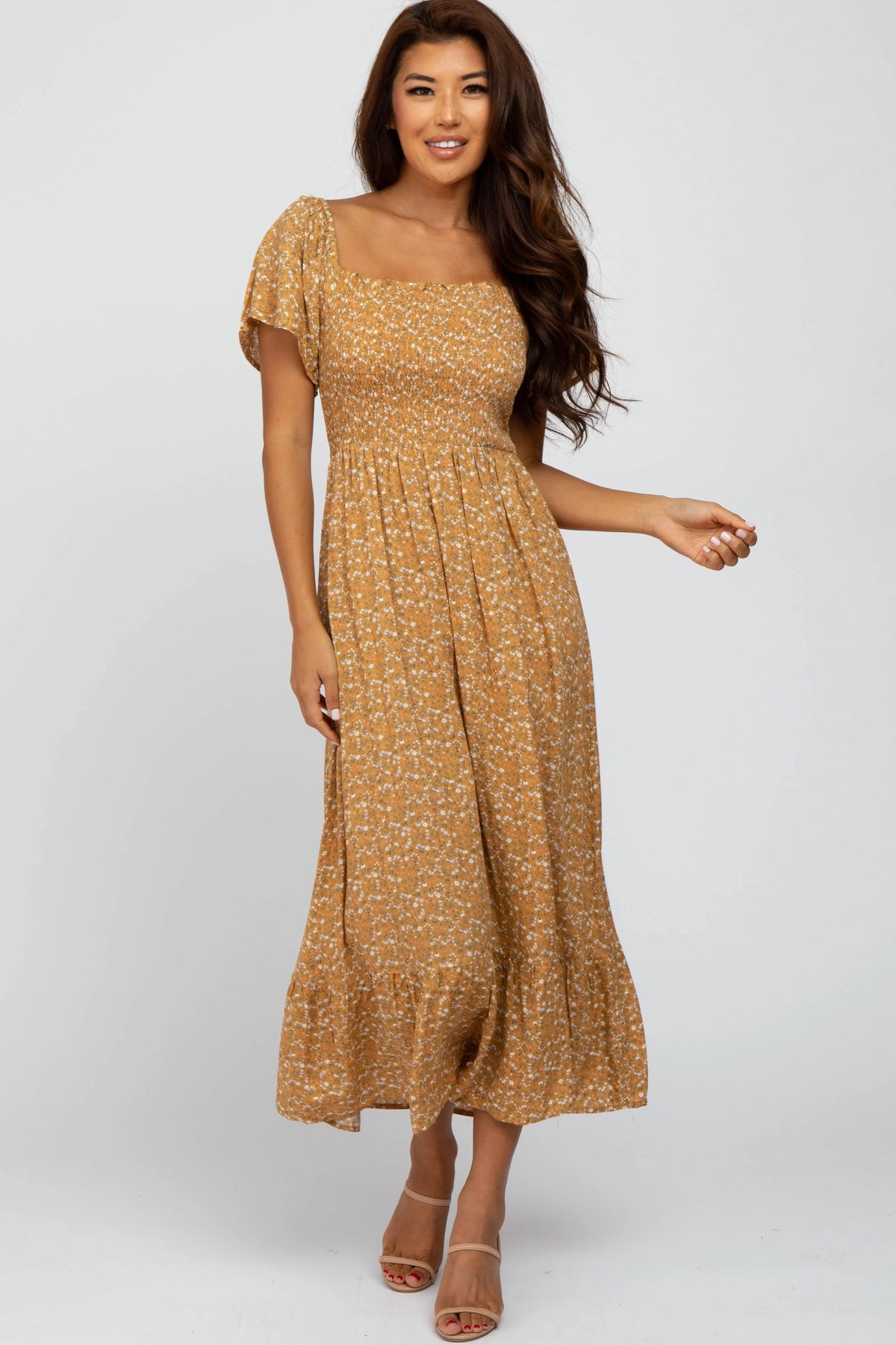 PinkBlush Mustard Floral Smocked Maxi Dress - 