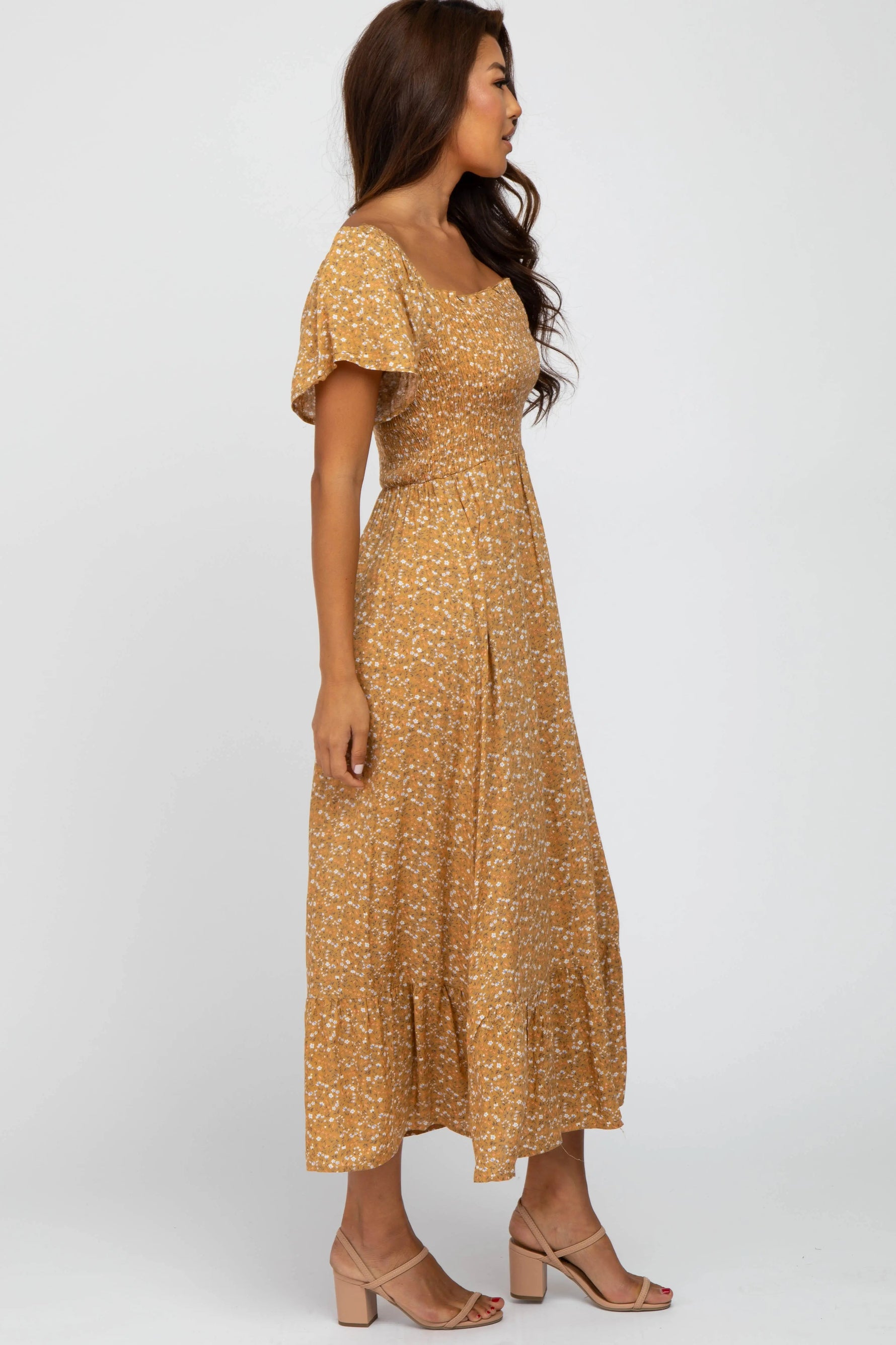 PinkBlush Mustard Floral Smocked Maxi Dress - 