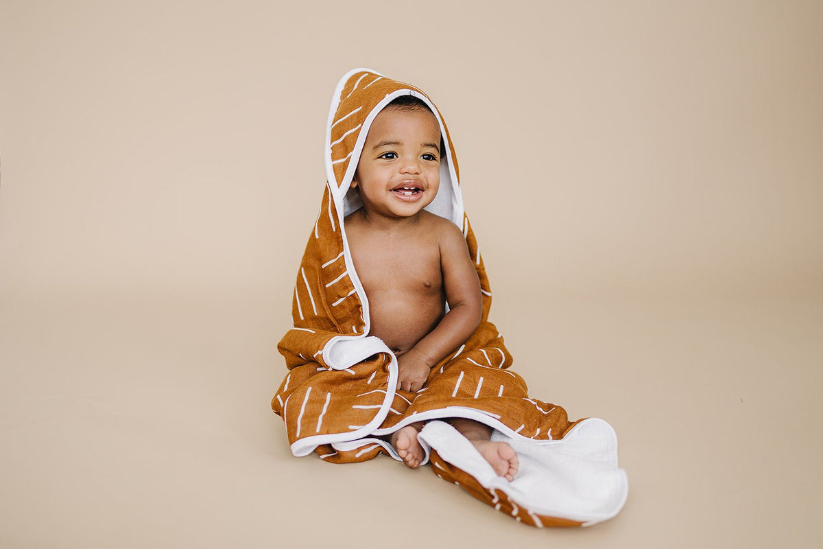 Mebie Baby Mustard Mudcloth Muslin Hooded Towel - 
