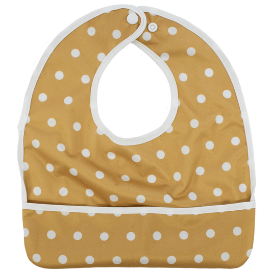 Mustard Polka Dots Flip Bib With Pocket For Food And Drool Machine Washable PUL Texas Tushies
