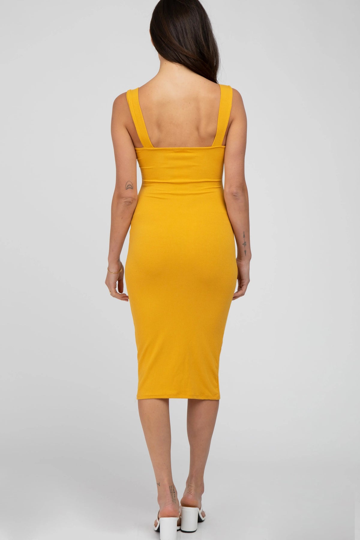 PinkBlush Mustard Ribbed Fitted Dress - 