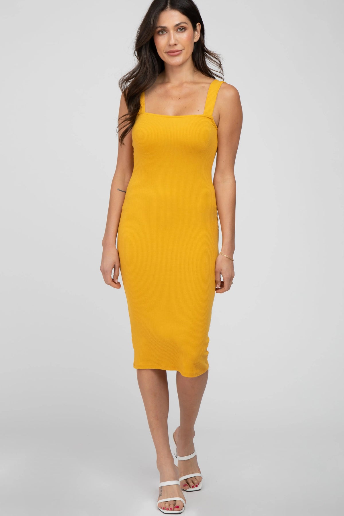 PinkBlush Mustard Ribbed Fitted Dress - 