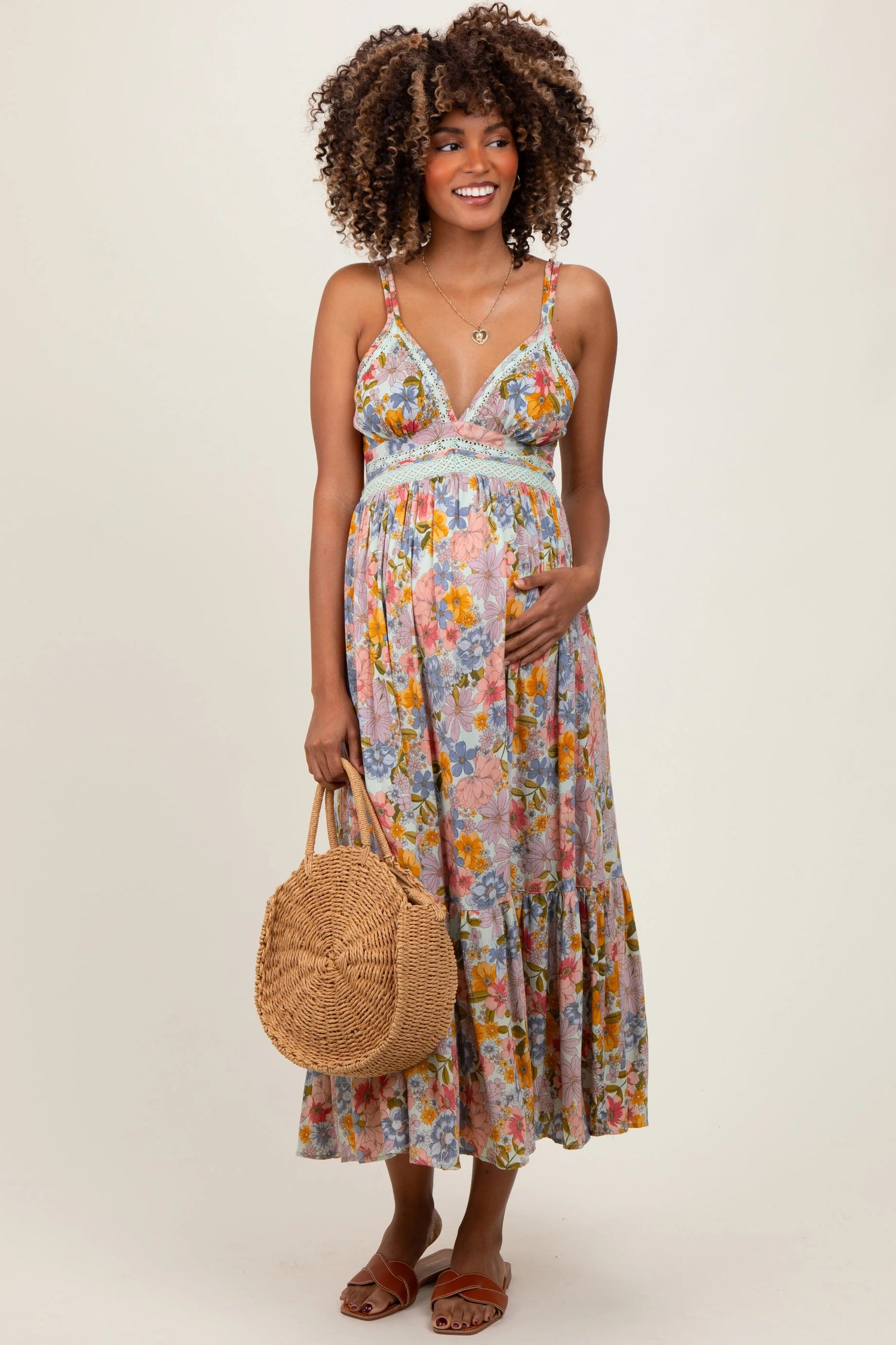 PinkBlush Muticolor Floral Double Strap Lace Trim Maternity Midi Dress - 