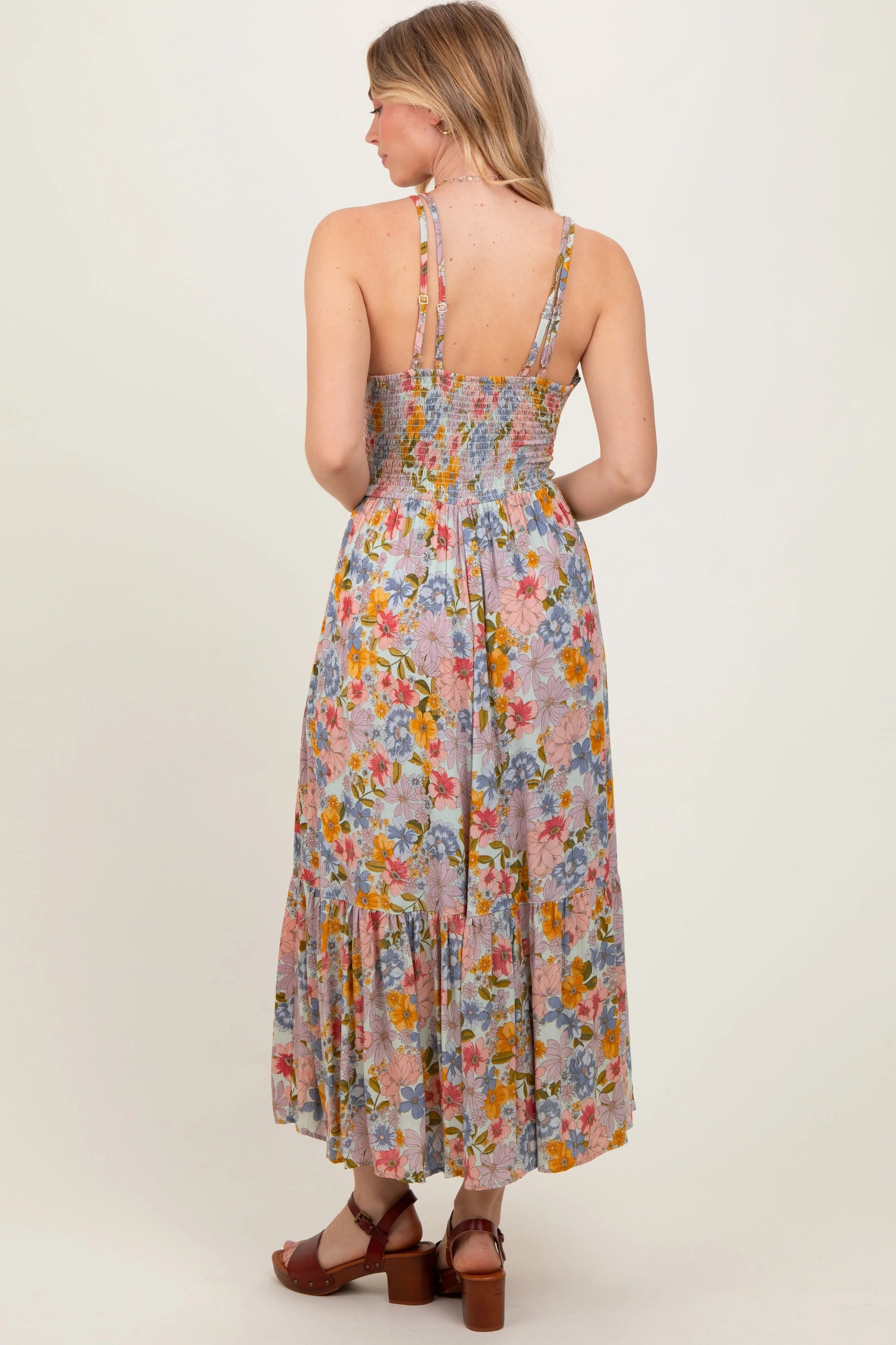 PinkBlush Muticolor Floral Double Strap Lace Trim Midi Dress - 