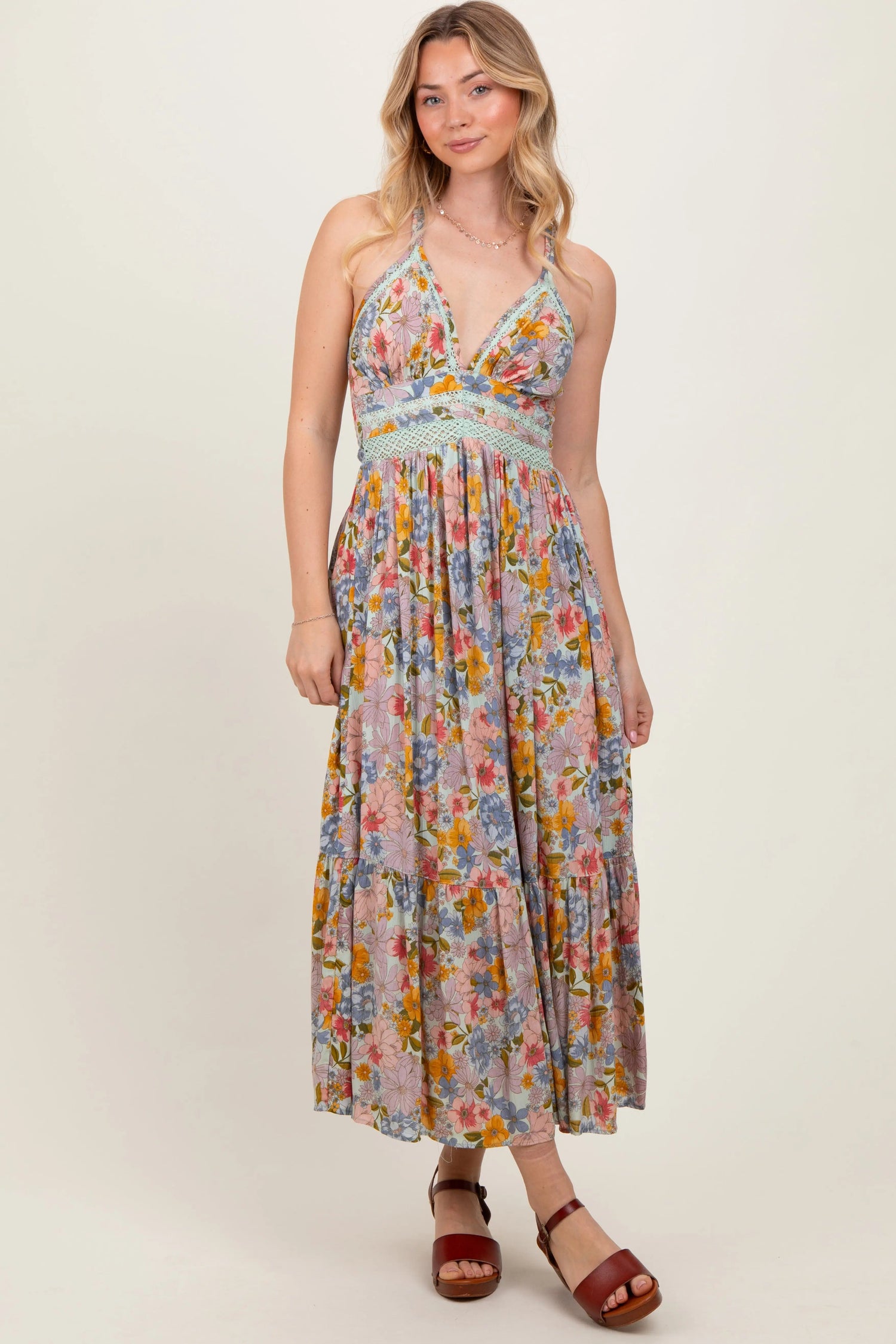 PinkBlush Muticolor Floral Double Strap Lace Trim Midi Dress - 