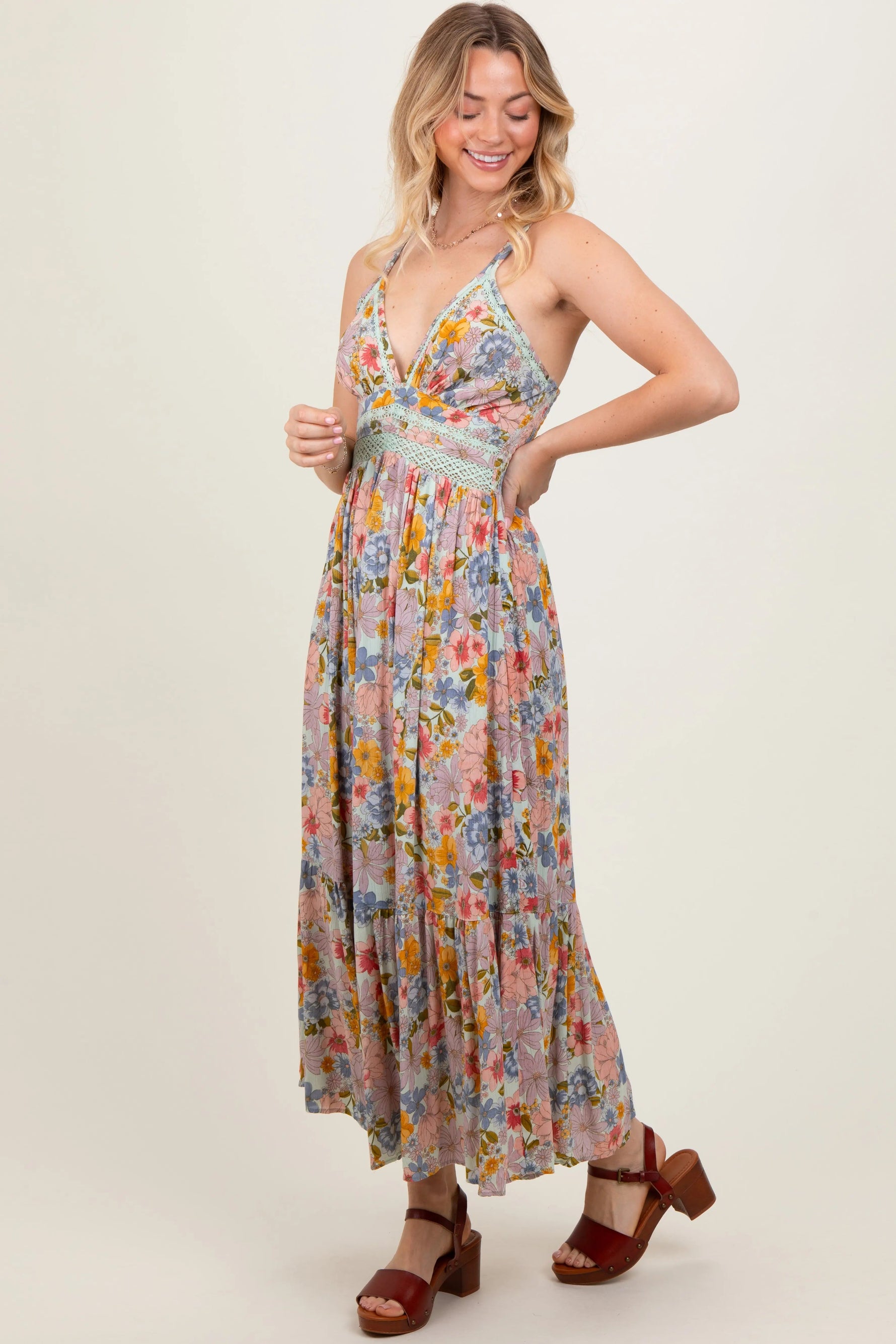 PinkBlush Muticolor Floral Double Strap Lace Trim Midi Dress - 