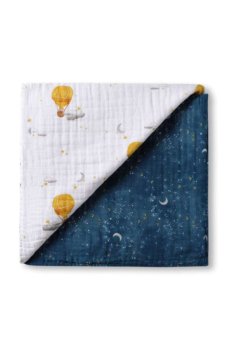 Mystical Night Blanket in organic cotton muslin with watercolor designs, 47x47 reversible snug style.