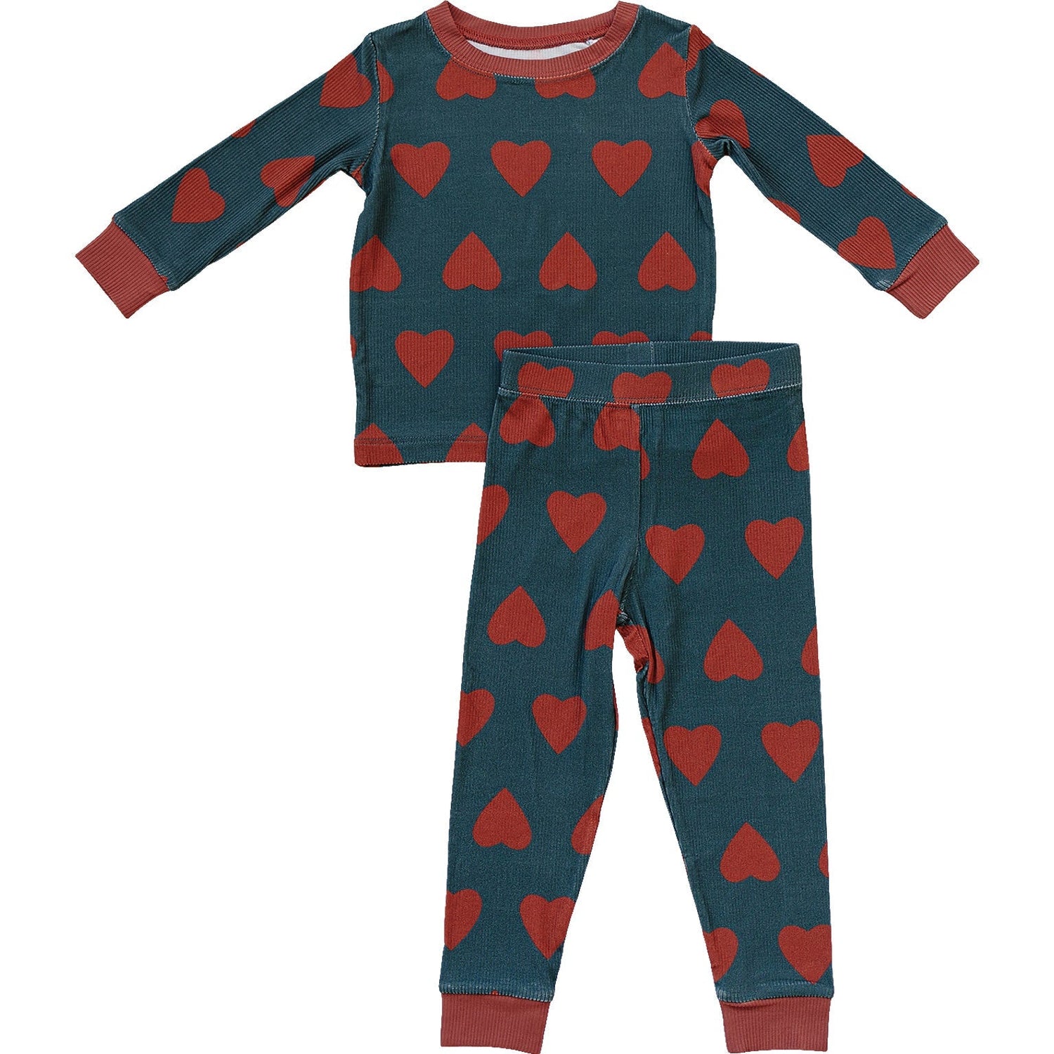 Mebie Baby Navy and Red Hearts Ribbed Bamboo Cozy Baby Pajama Set - 