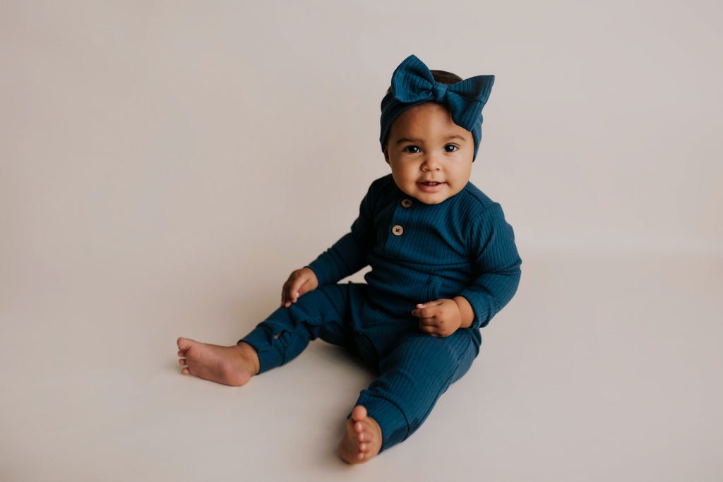 Three Little Tots Navy Baby Ribbed Playsuit with pockets - 