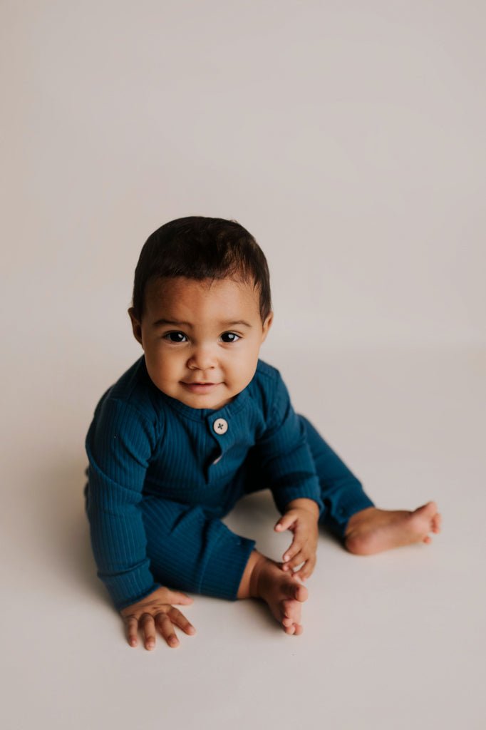 Three Little Tots Navy Baby Ribbed Playsuit with pockets - 
