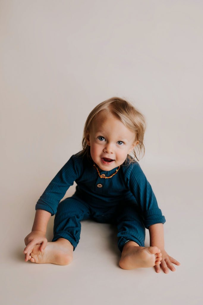 Three Little Tots Navy Baby Ribbed Playsuit with pockets - 