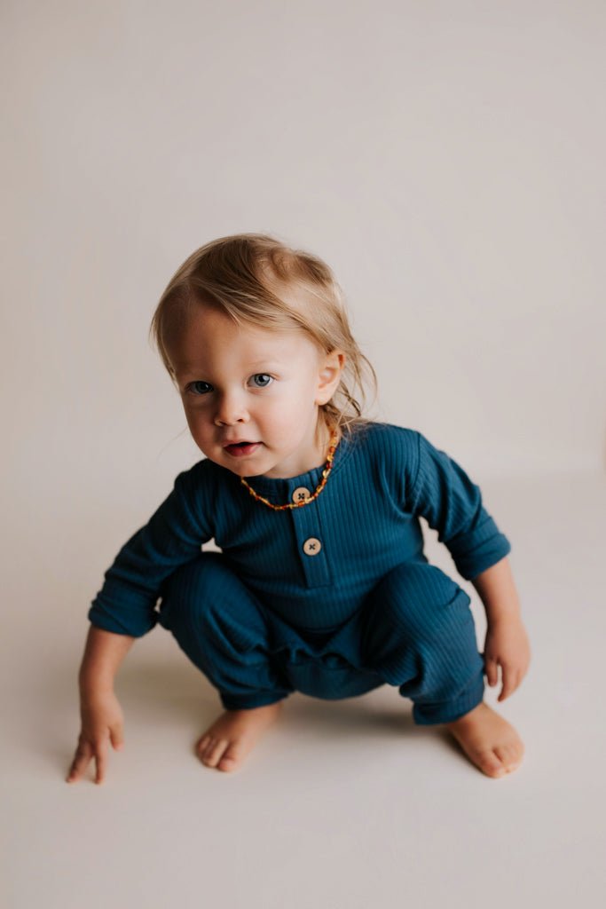 Three Little Tots Navy Baby Ribbed Playsuit with pockets - 