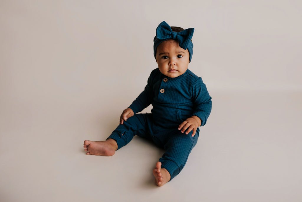 Three Little Tots Navy Baby Ribbed Playsuit with pockets - 