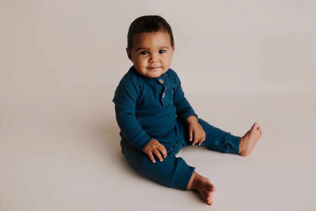 Three Little Tots Navy Baby Ribbed Playsuit with pockets - 