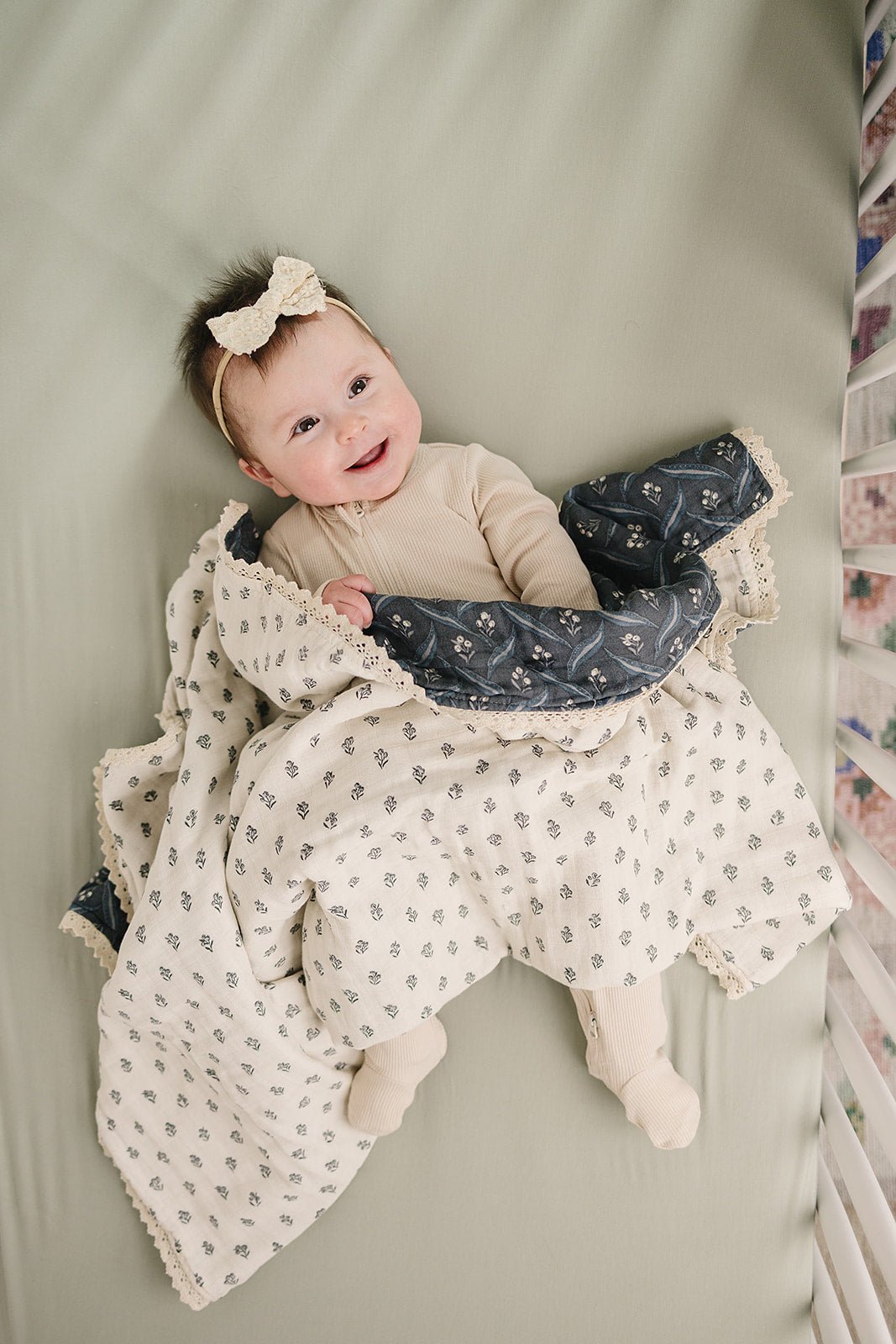 Mebie Baby Navy Berry + Cream Berry Lace Muslin QuiltEveretts Place