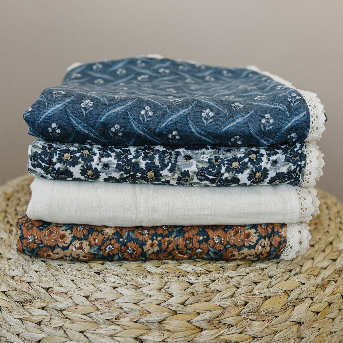 Mebie Baby Navy Berry + Cream Berry Lace Muslin QuiltEveretts Place