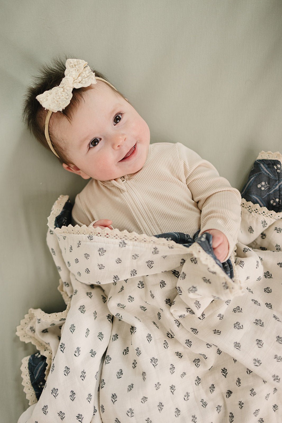 Mebie Baby Navy Berry + Cream Berry Lace Muslin QuiltEveretts Place