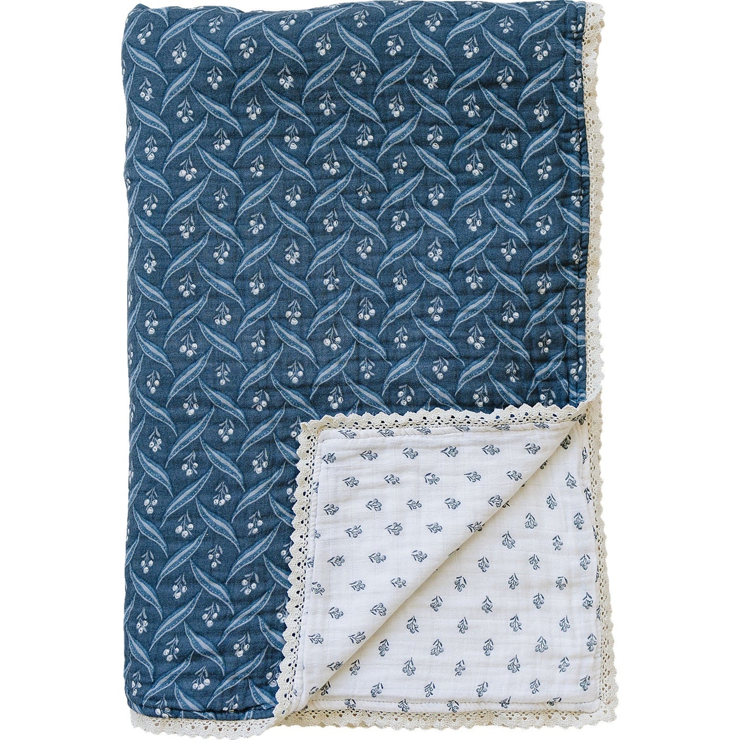 Mebie Baby Navy Berry + Cream Berry Lace Twin Muslin Quilt - 
