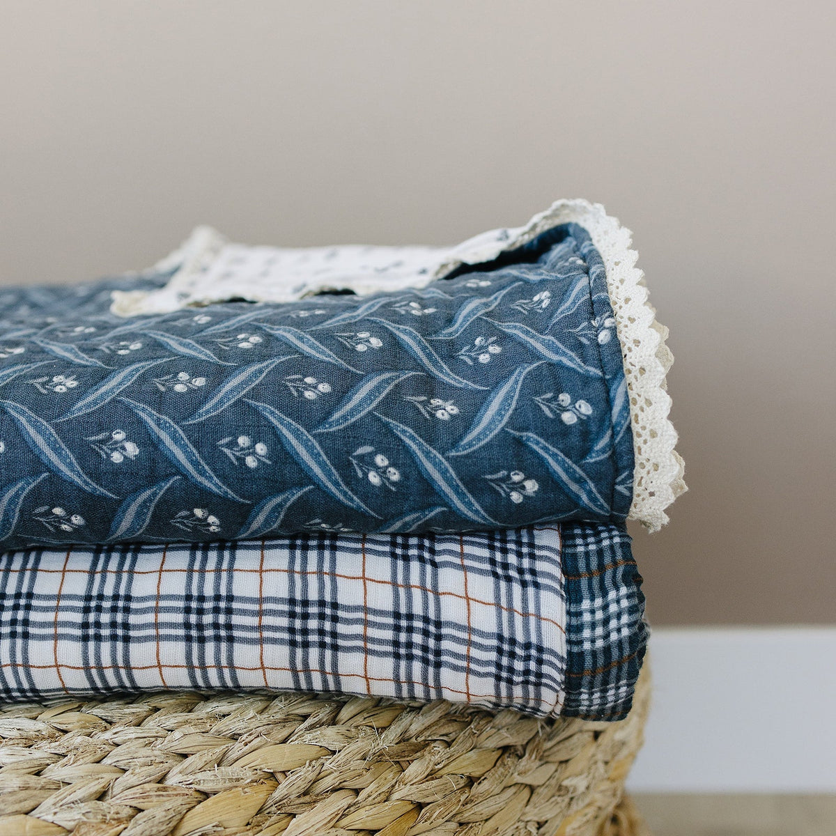 Mebie Baby Navy Berry + Cream Berry Lace Twin Muslin Quilt - 