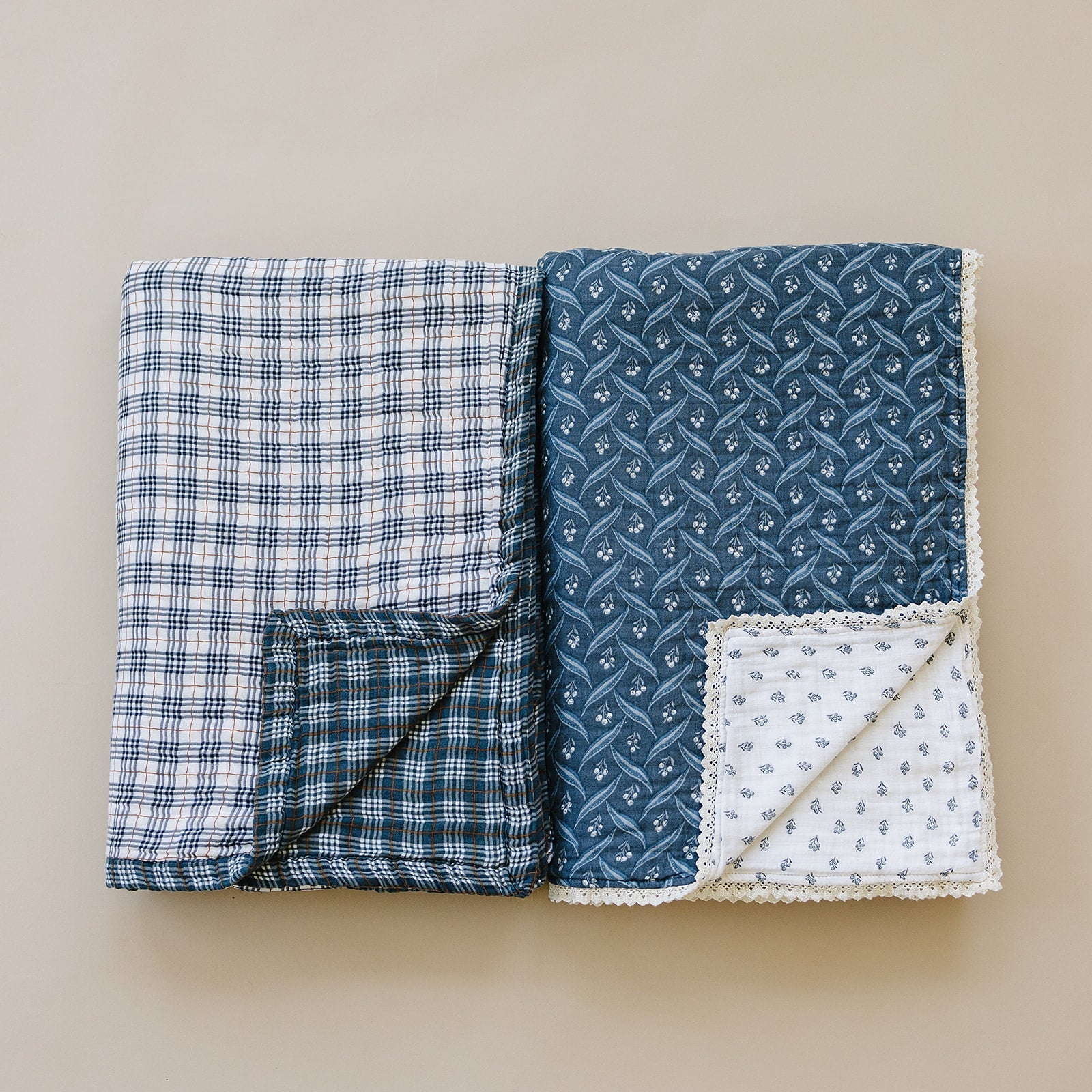Mebie Baby Navy Berry + Cream Berry Lace Twin Muslin Quilt - 