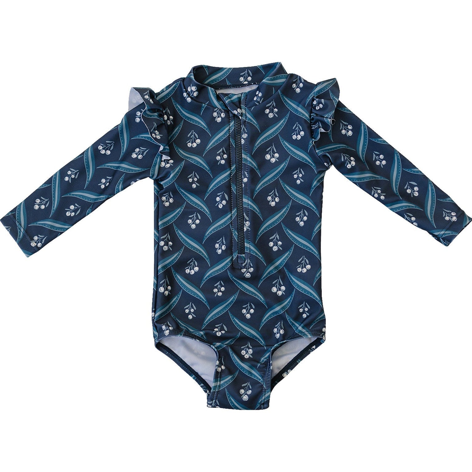 Mebie Baby Navy Berry Long Sleeve Ruffle Zipper One Piece Baby Swimsuit - 