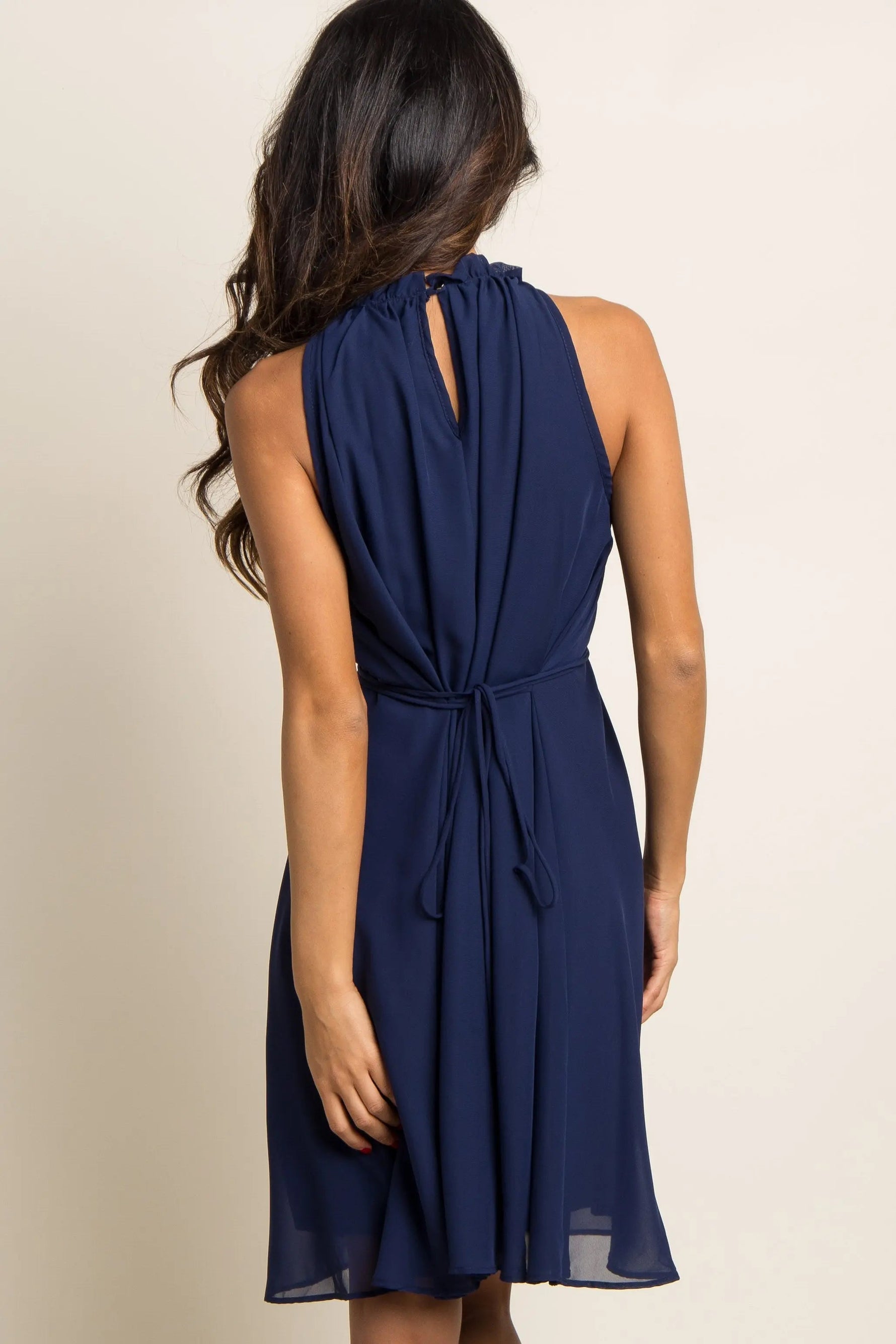 PinkBlush Navy Blue Chiffon High Neck Dress - 