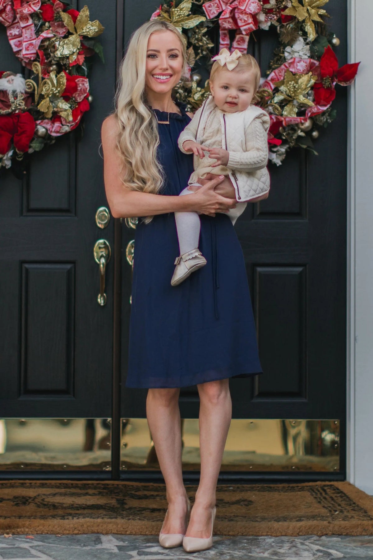 PinkBlush Navy Blue Chiffon High Neck Dress - 