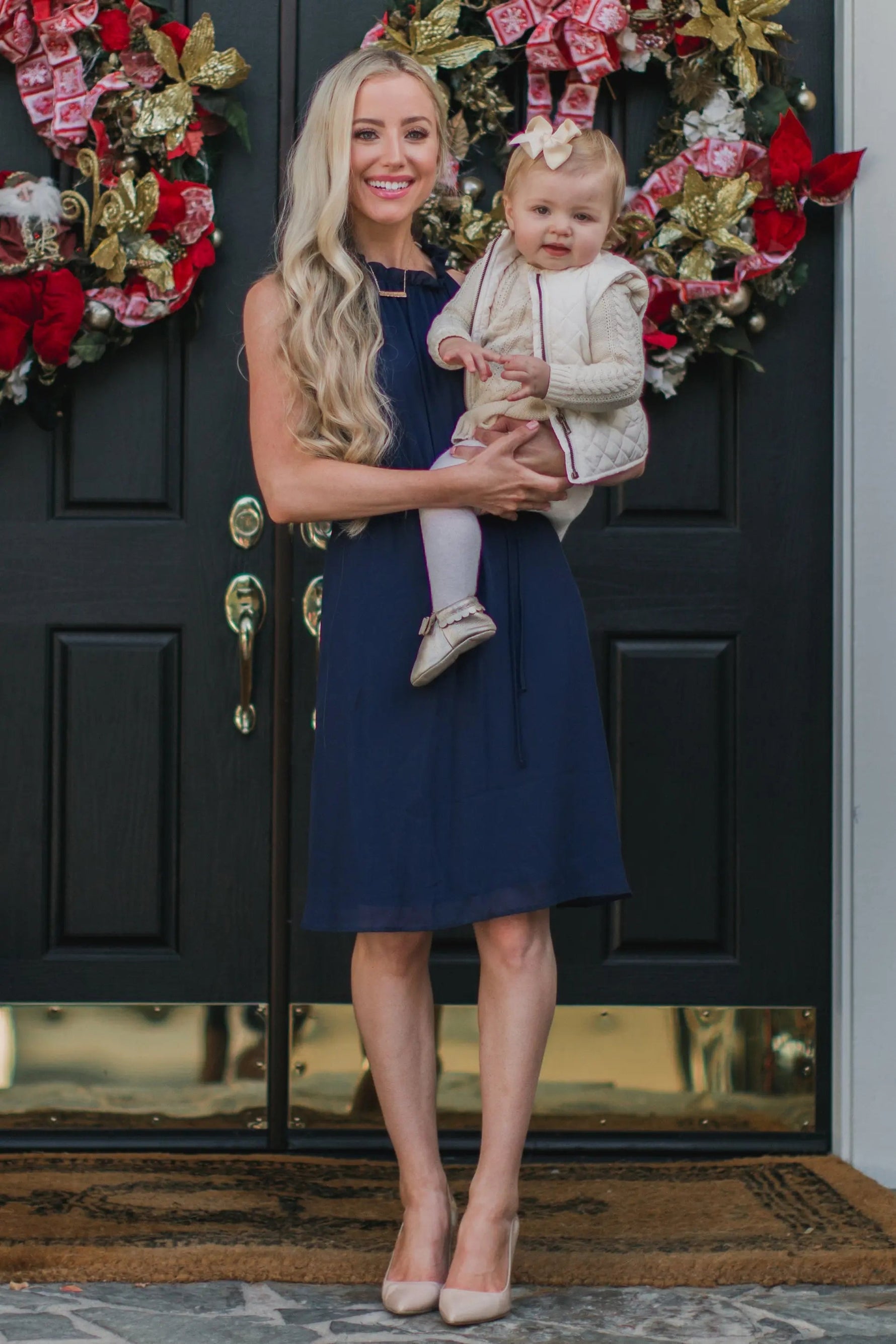 PinkBlush Navy Blue Chiffon High Neck Dress - 