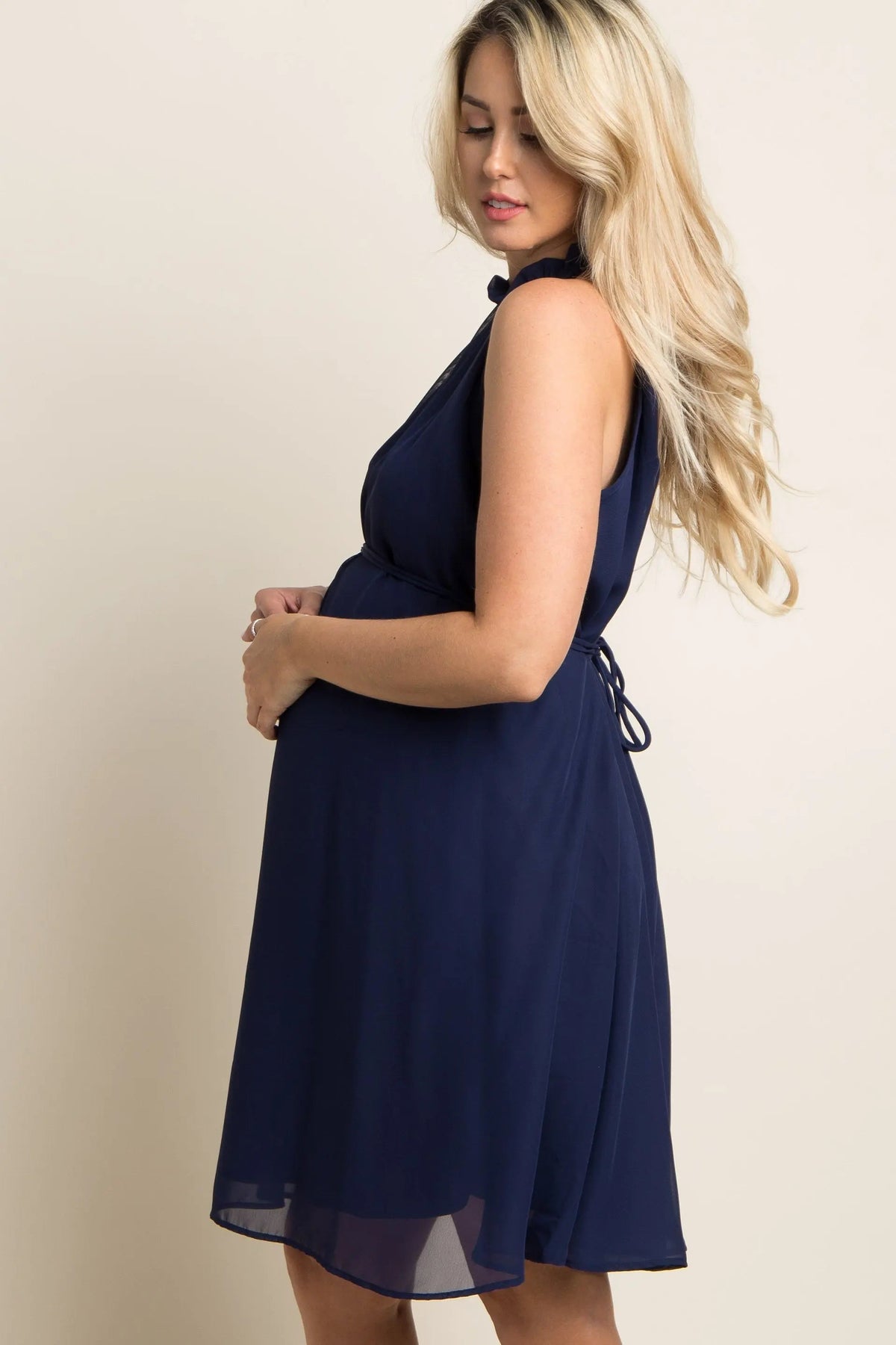 PinkBlush Navy Blue Chiffon High Neck Maternity Dress - 