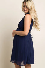 PinkBlush Navy Blue Chiffon High Neck Maternity Dress - 