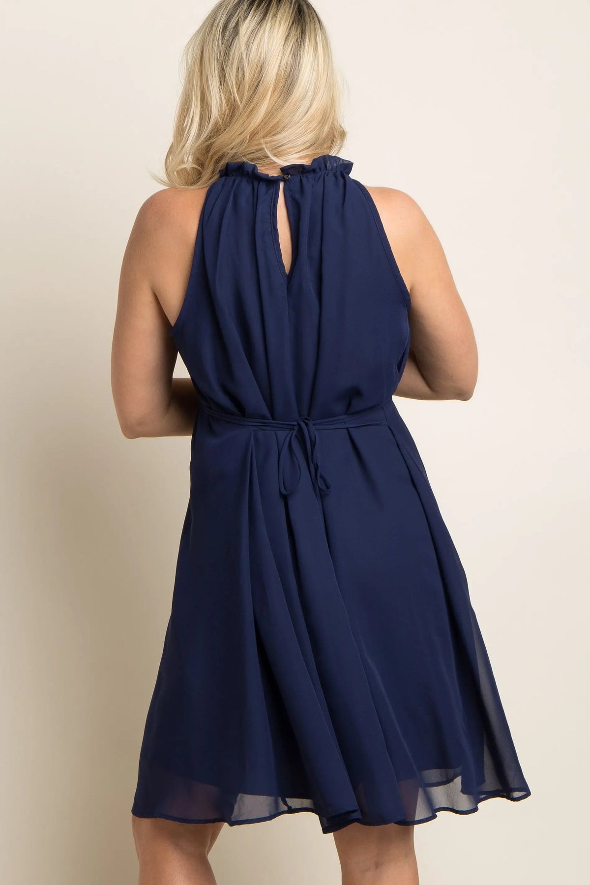 PinkBlush Navy Blue Chiffon High Neck Maternity Dress - 