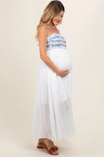 PinkBlush Navy Blue Floral Embroidered Lace - Up Back Maternity Maxi Dress - 